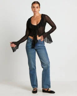 Janie Fairy Core Lace Plunge Shirt in Black