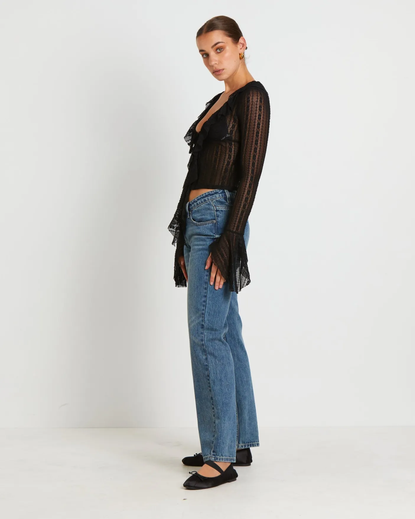 Janie Fairy Core Lace Plunge Shirt in Black