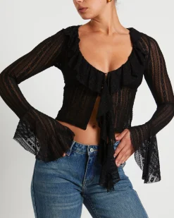 Janie Fairy Core Lace Plunge Shirt in Black