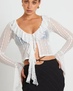 Janie Fairy Core Lace Plunge Shirt in Cream
