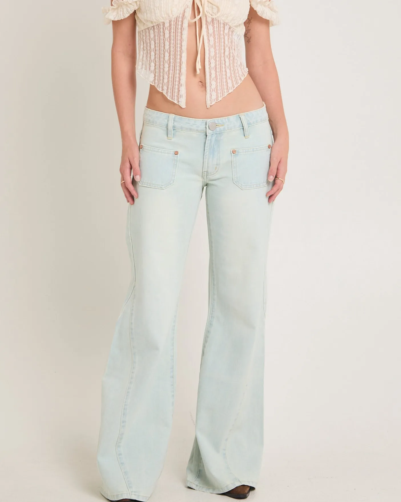 Johnnies Low Waist Wide Leg Flared Denim Jeans Le Surf