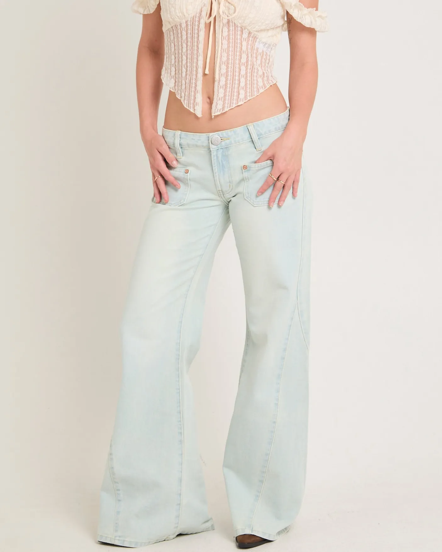 Johnnies Low Waist Wide Leg Flared Denim Jeans Le Surf