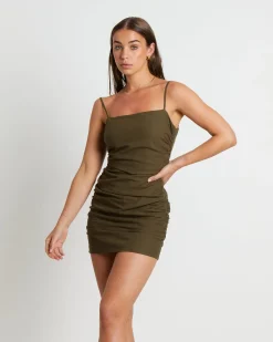 Jorje Gather Mini Dress in Olive Green