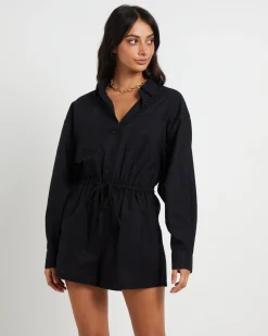 Joslin Boxy Long Sleeve Shirt Playsuit in Black