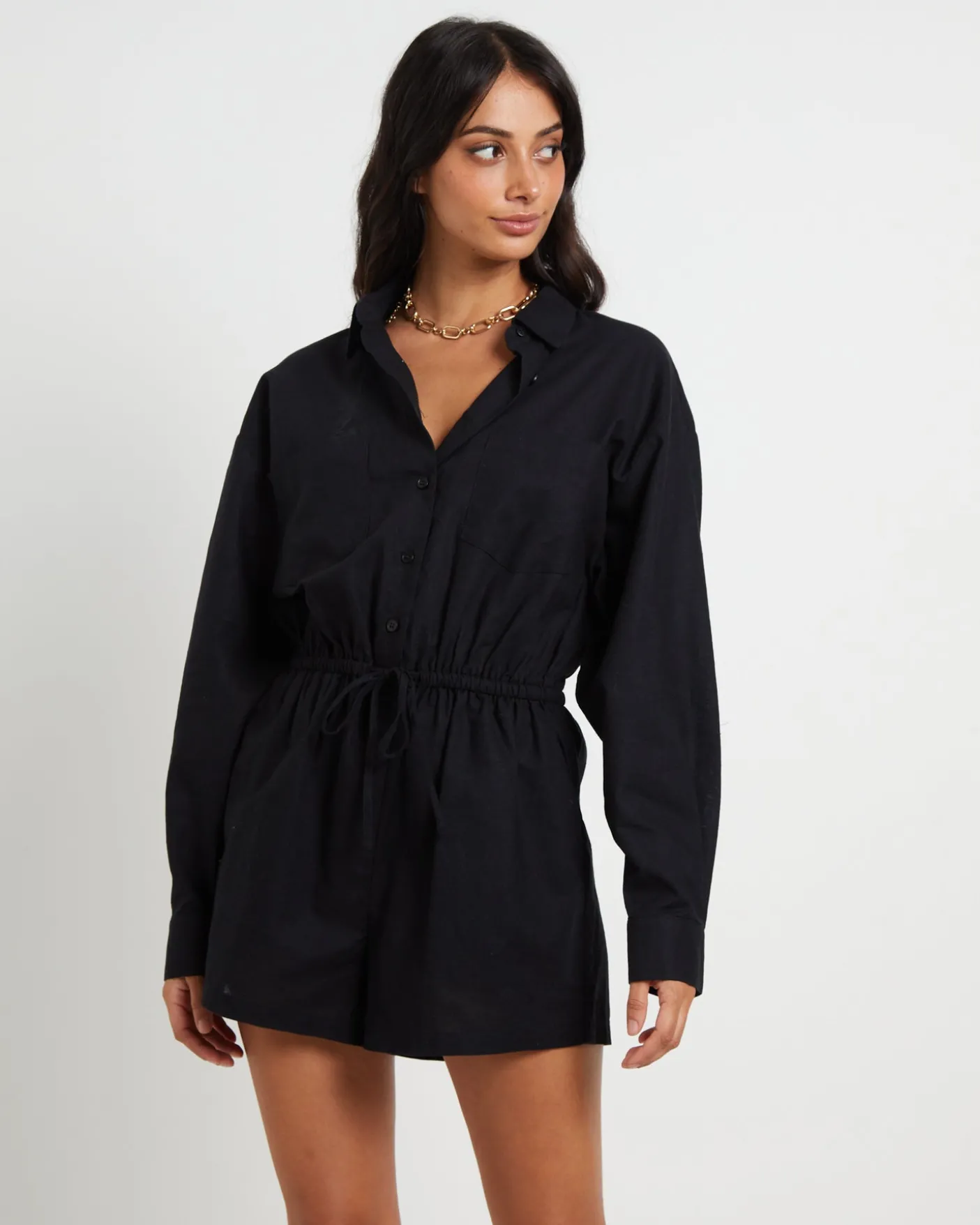 Joslin Boxy Long Sleeve Shirt Playsuit in Black