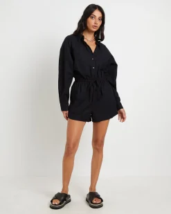 Joslin Boxy Long Sleeve Shirt Playsuit in Black