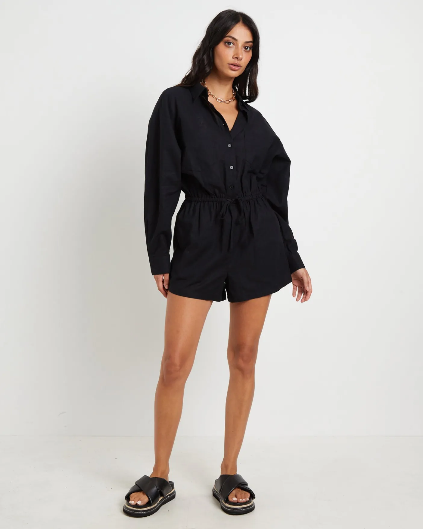 Joslin Boxy Long Sleeve Shirt Playsuit in Black