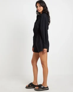 Joslin Boxy Long Sleeve Shirt Playsuit in Black