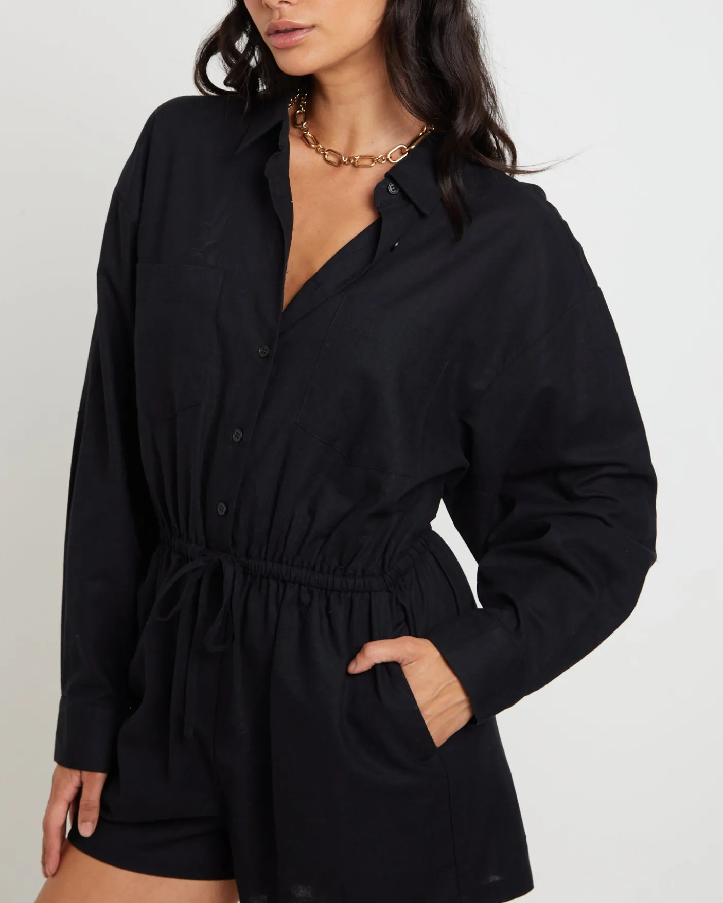 Joslin Boxy Long Sleeve Shirt Playsuit in Black