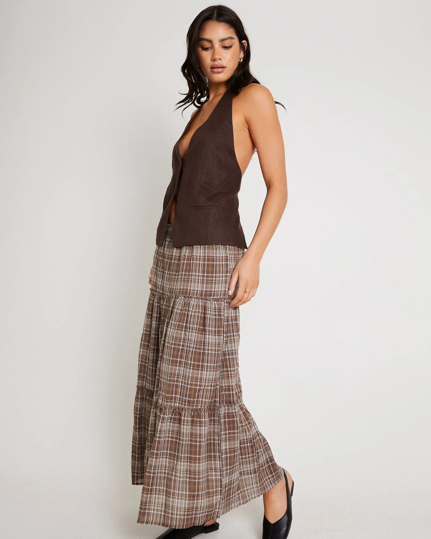 Juno Tierd Check Midi Skirt