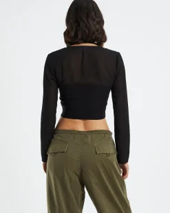 Kamali Hook Front Long Sleeve Halter Top Black