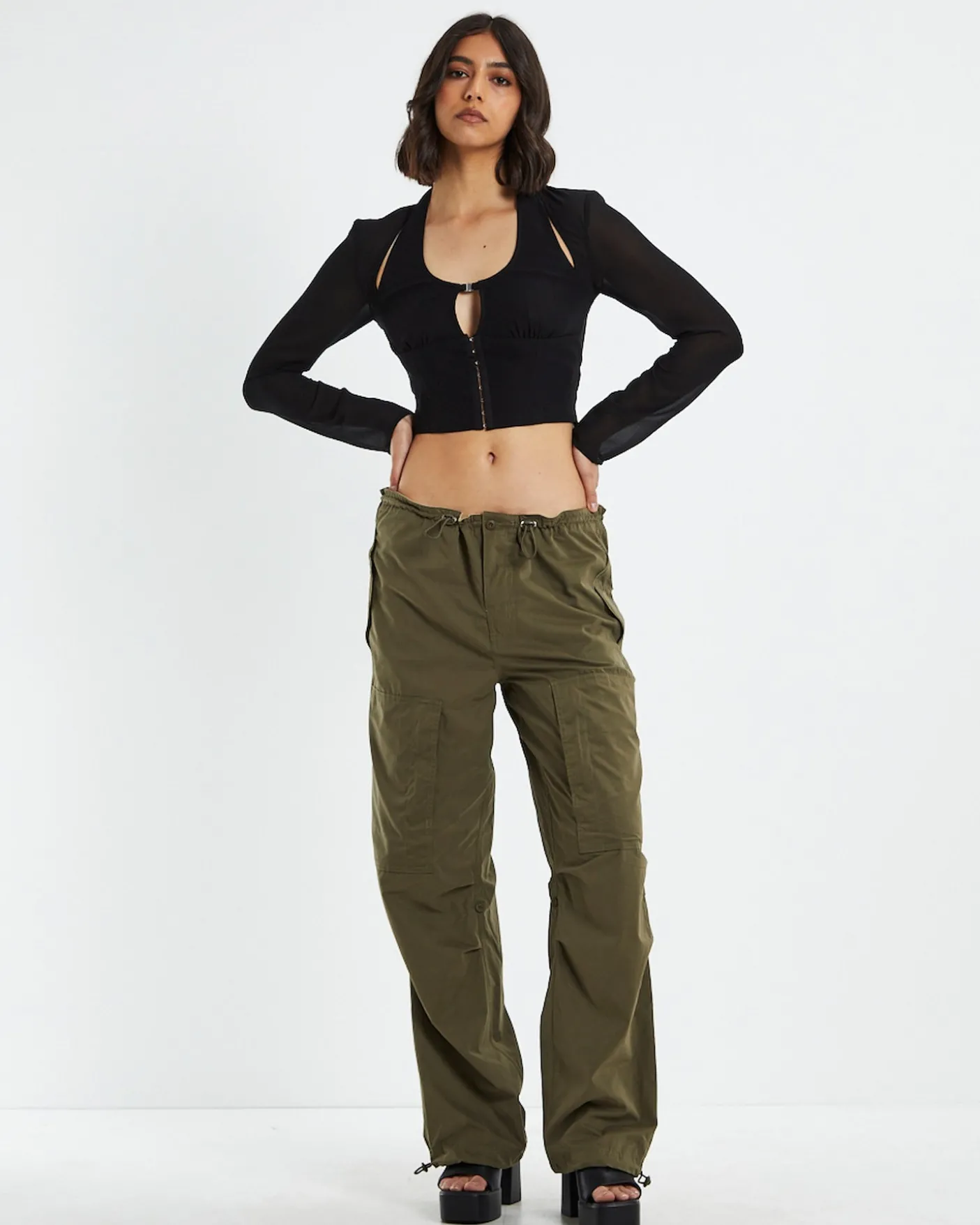 Kamali Hook Front Long Sleeve Halter Top Black