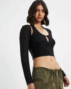 Kamali Hook Front Long Sleeve Halter Top Black