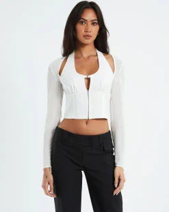 Kamali Hook Front Long Sleeve Halter Top White