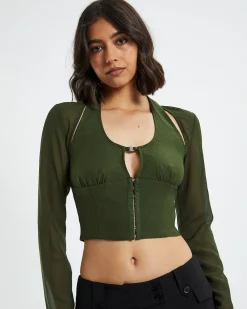 Kamali Hook Front Long Sleeve Halter Top Green