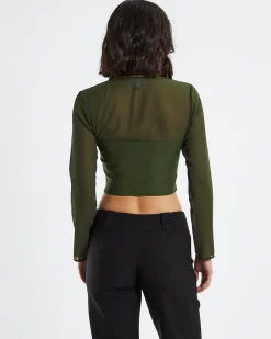 Kamali Hook Front Long Sleeve Halter Top Green