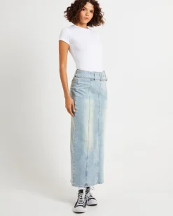Kaya Low Belted Denim Maxi Skirt