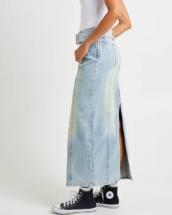 Kaya Low Belted Denim Maxi Skirt