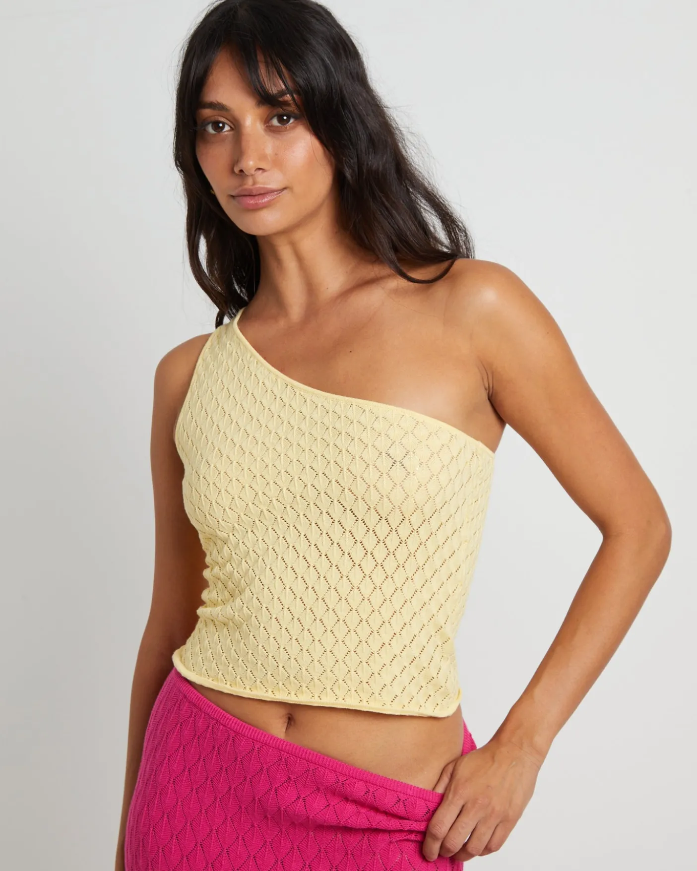 Kerby Crochet One Shoulder Top in Lemon