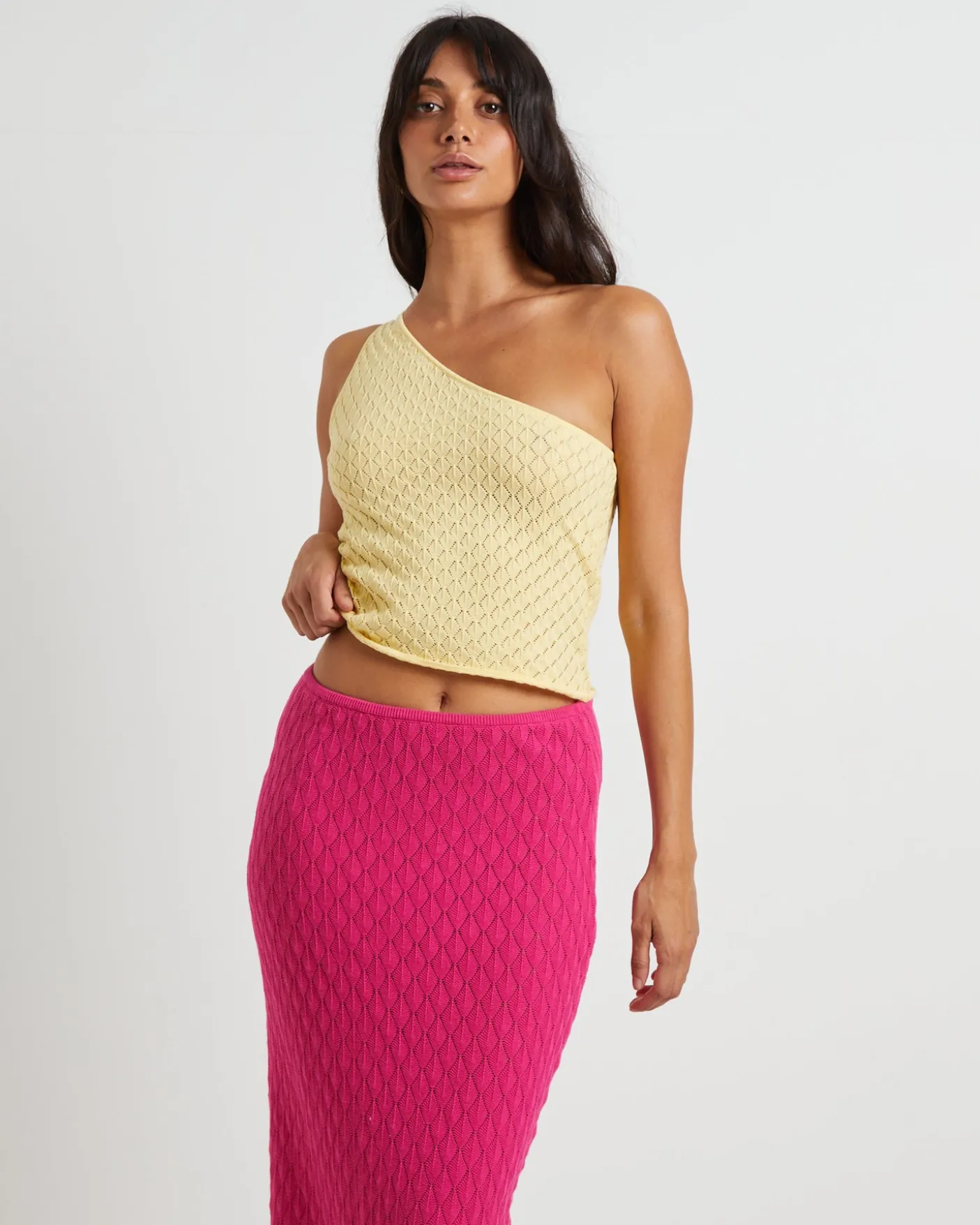 Kerby Crochet One Shoulder Top in Lemon
