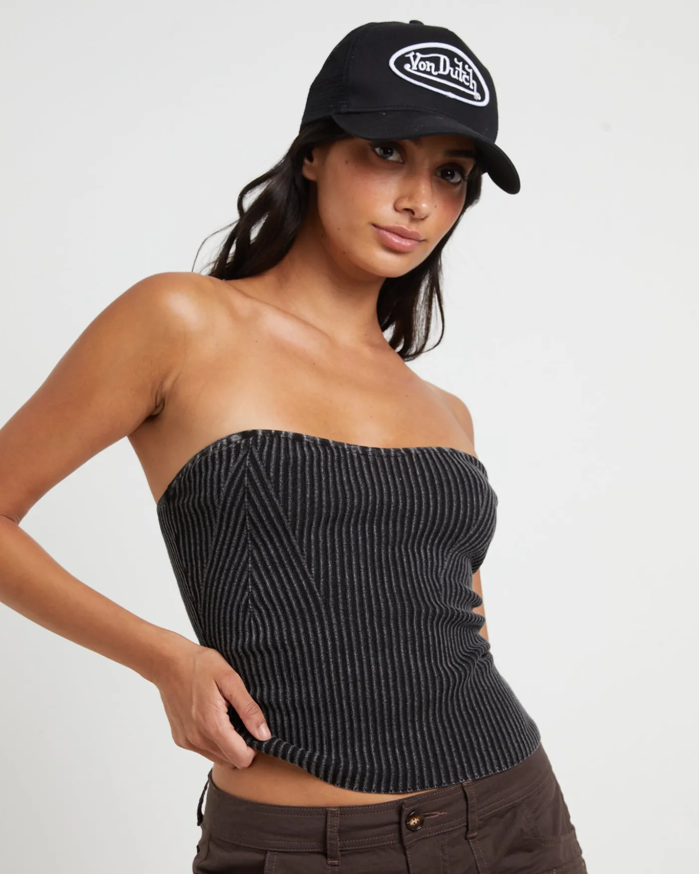Kiah Acid Rib Knit Bandeau Top in Black
