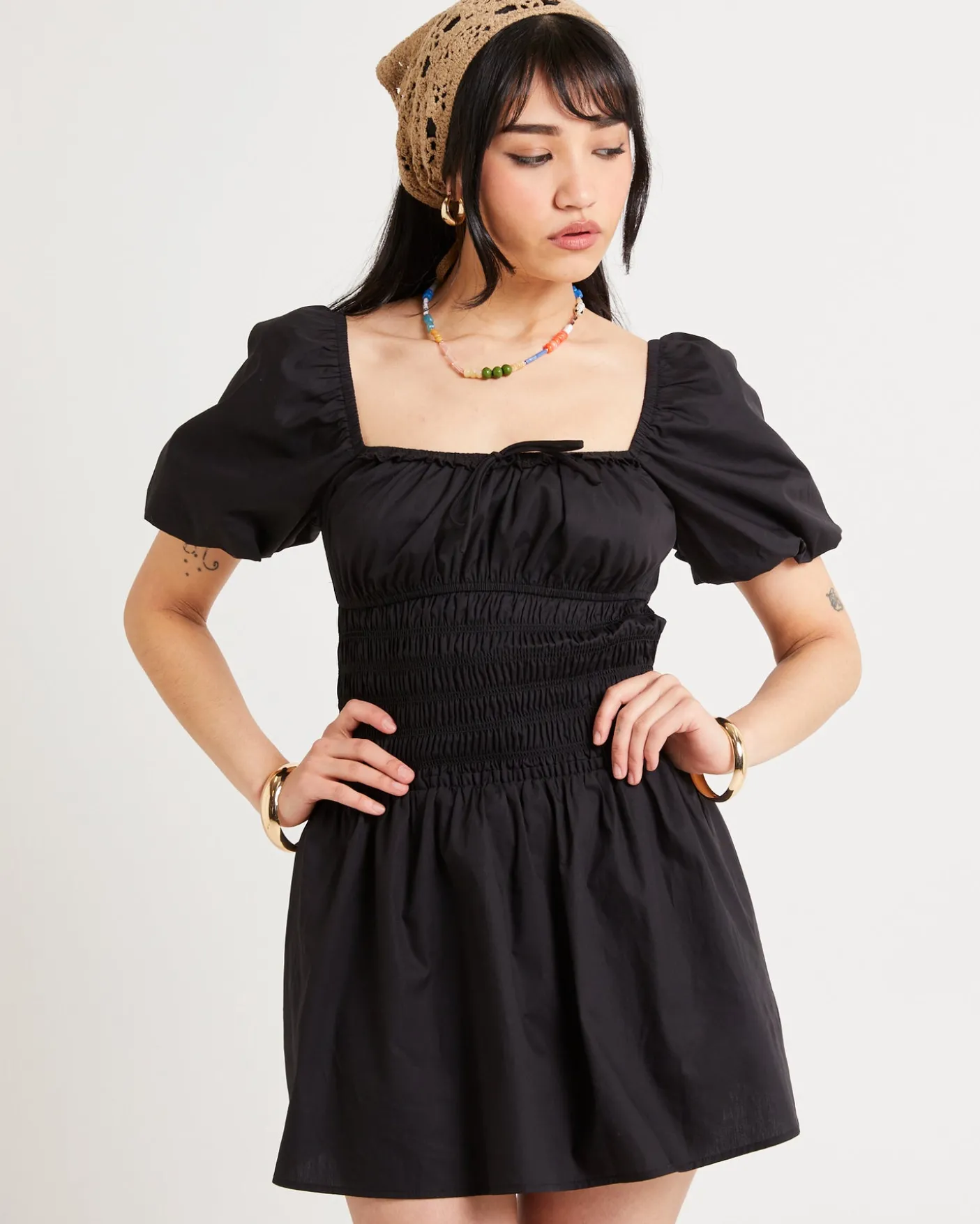 Kora Puff Sleeve Shirred Mini Dress