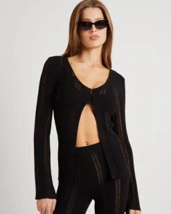 Ladder Knit Button Long Sleeve Top