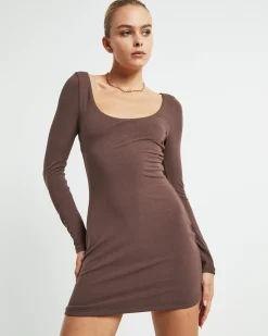 Larissa Scoop Neck Long Sleeve Mini Dress Chocolate Brown