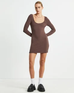 Larissa Scoop Neck Long Sleeve Mini Dress Chocolate Brown