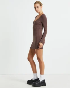 Larissa Scoop Neck Long Sleeve Mini Dress Chocolate Brown