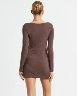 Larissa Scoop Neck Long Sleeve Mini Dress Chocolate Brown