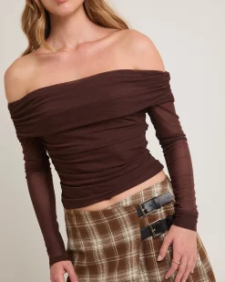 Lilith Gathered Off Shoulder Mesh Top