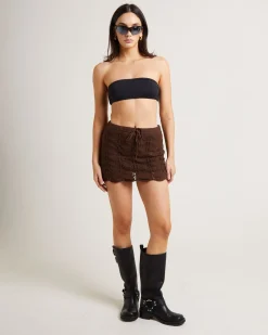 Lori Scallop Crochet Mini Skirt in Chocolate Brown