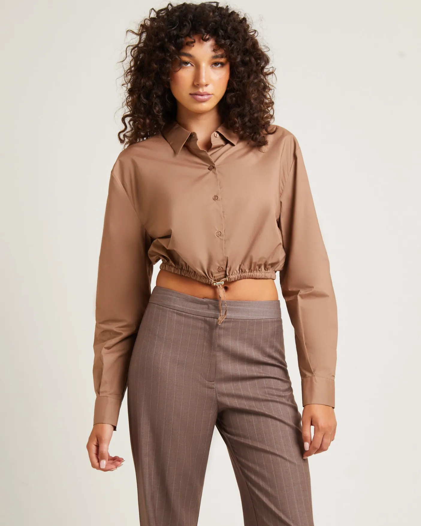 Lucy Drawstring Poplin Long Sleeve Shirt in Chocolate