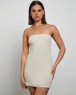 Luxe Knitted Bandeau Mini Dress in Stone