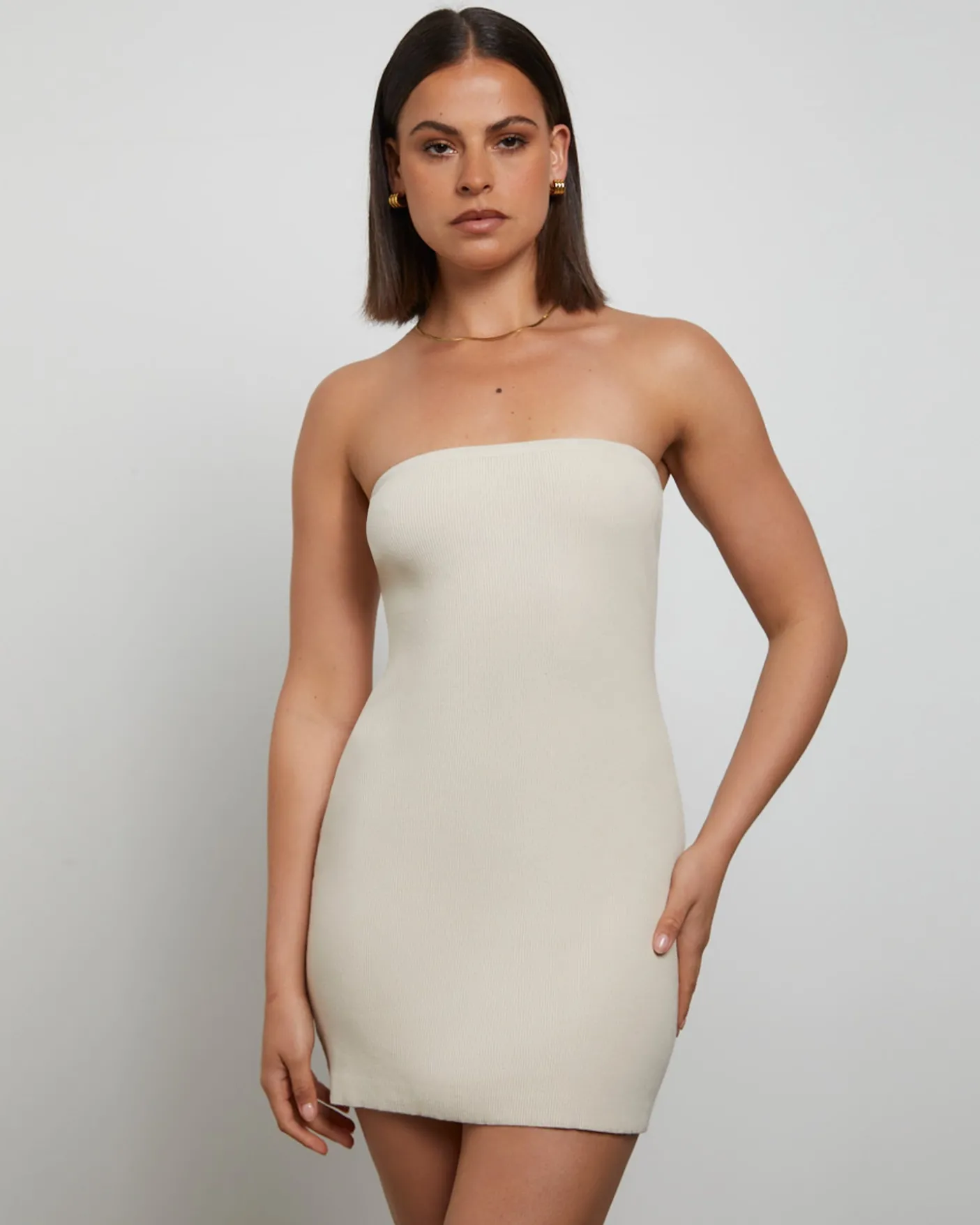 Luxe Knitted Bandeau Mini Dress in Stone