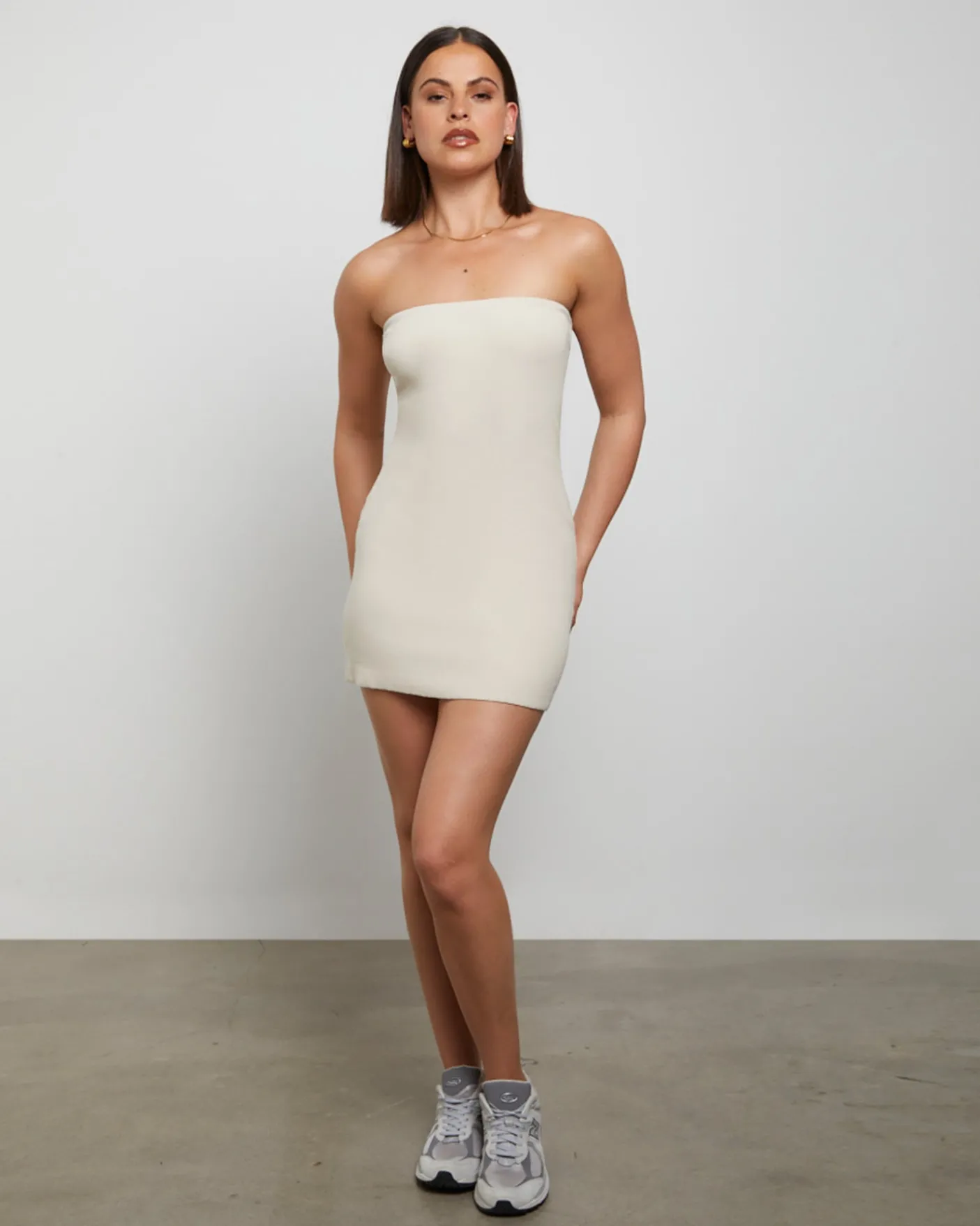 Luxe Knitted Bandeau Mini Dress in Stone