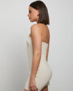 Luxe Knitted Bandeau Mini Dress in Stone