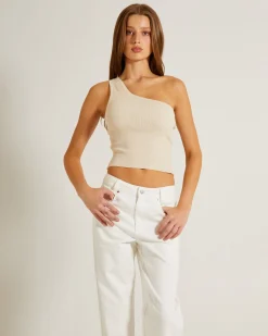 Luxe Knitted One Shoulder Top in Vintage Stone