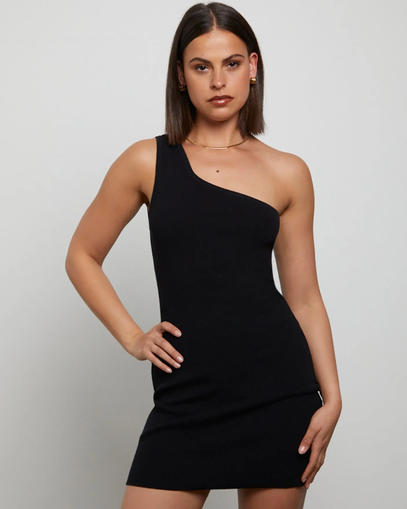 Luxe Knitted One Shoulder Mini Dress in Black