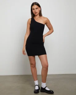 Luxe Knitted One Shoulder Mini Dress in Black