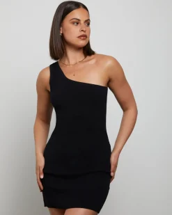 Luxe Knitted One Shoulder Mini Dress in Black