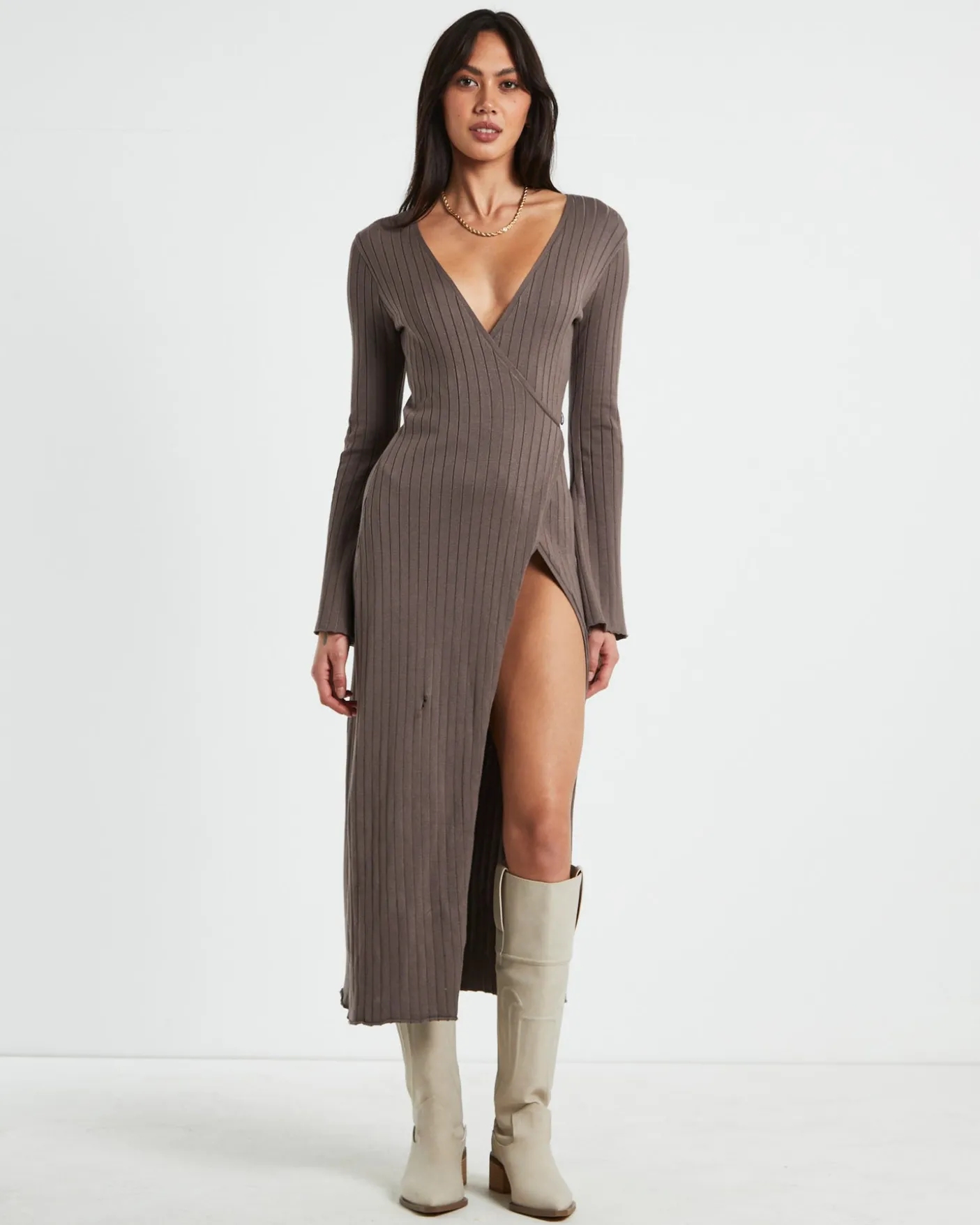 Mara Wrap Knit Midi Dress Mocha