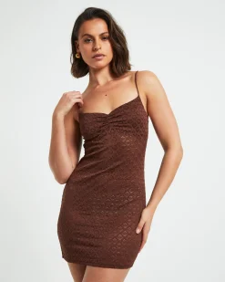 Maya Lace Mini Dress in Chocolate Brown