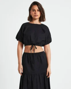 Melody Linen Puff Short Sleeve T-Shirt in Black