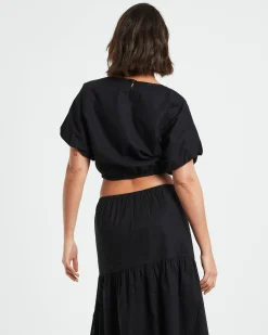 Melody Linen Puff Short Sleeve T-Shirt in Black