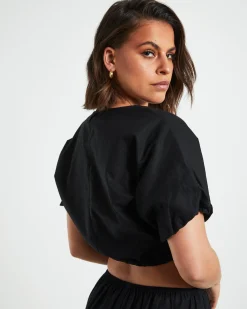 Melody Linen Puff Short Sleeve T-Shirt in Black