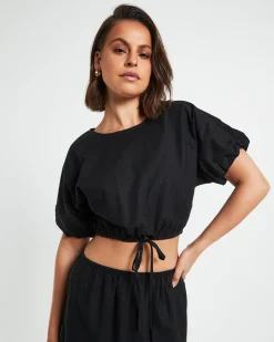 Melody Linen Puff Short Sleeve T-Shirt in Black