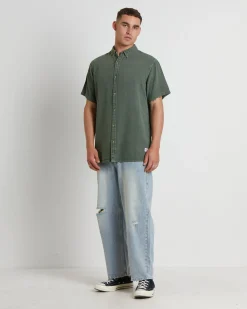 Men At Work Oxford Short Sleeve Shirt in Thyme Green