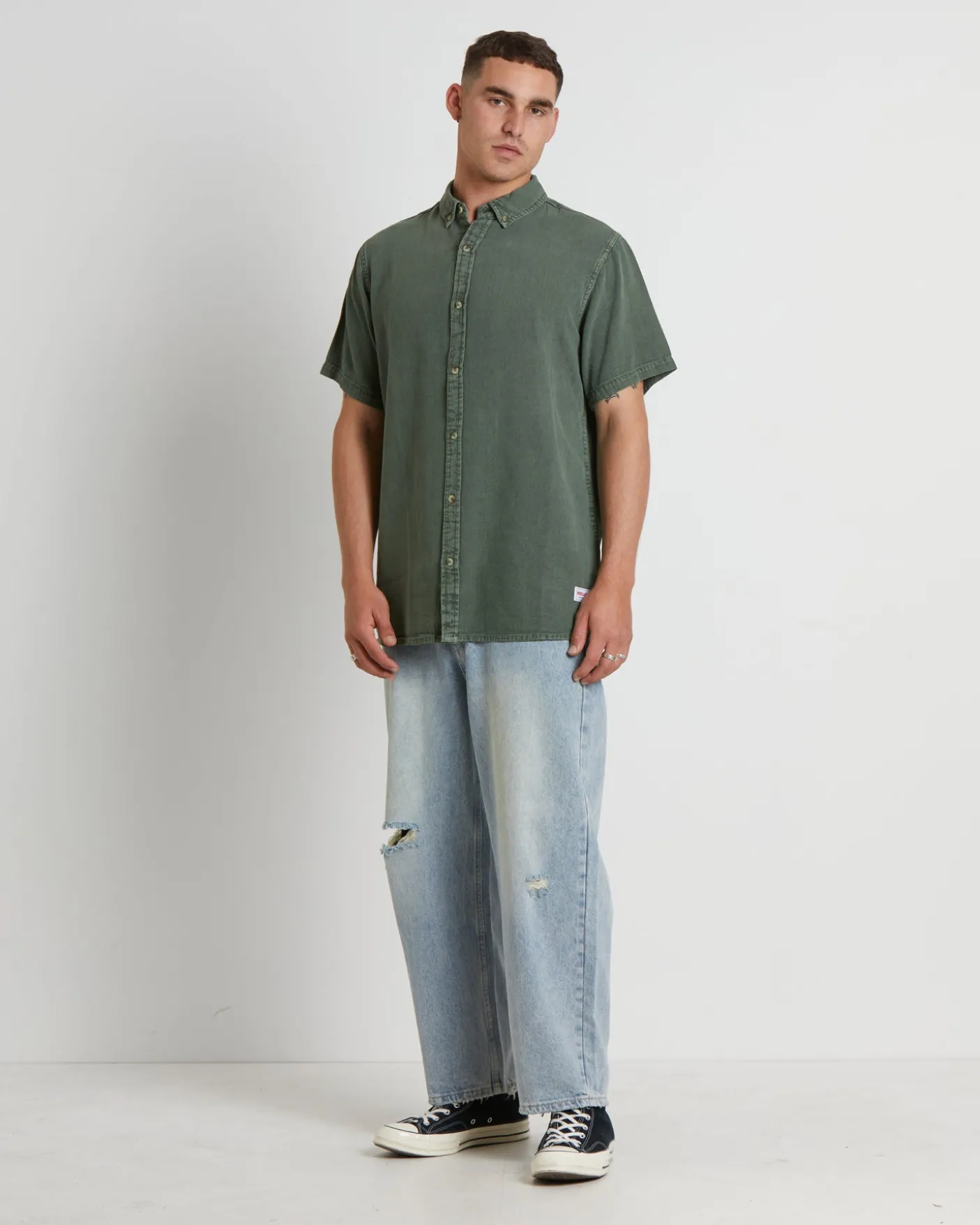 Men At Work Oxford Short Sleeve Shirt in Thyme Green